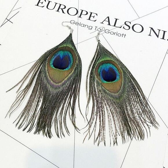 Rockabit Jewelry - Whimsical Natural Delicate Boho Peacock Feather Dangle Drop Hook Earrings A0105